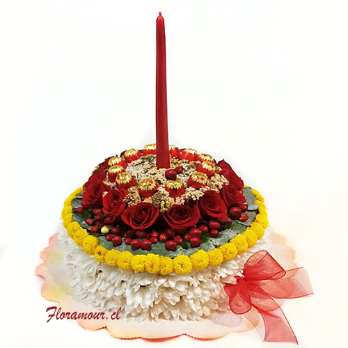 Sorprendente Torta de flores naturales con 12 Bombones Cher Cerezas al Cognac. (Slo santiago) Flores podrían variar segn temporada.